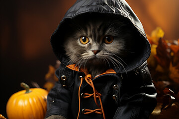 Generative AI picture of funny cute cat in halloween costume