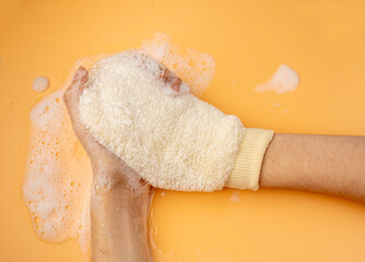 Bath Glove, Natural Beige Wash Mitt for Spa, Massage, Healthy Skin, Shower Glove