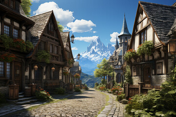 Fototapeta na wymiar Medieval village background environment for computer mobile game generative AI picture