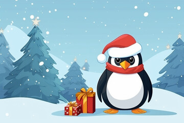 cartoon penguin in a Christmas hat with gifts on the background of snow-covered Christmas trees