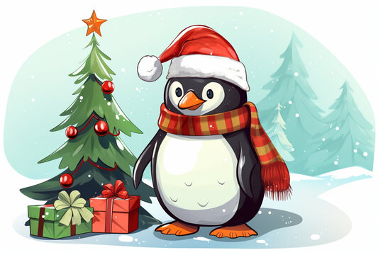cartoon penguin in a beanie and next to a decorated Christmas tree and gifts