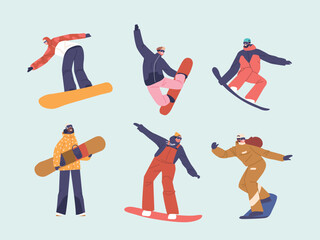 Set of People Training on Ski Resort. Wintertime Activity and Extreme Outdoors Snowboarding Sport, Vector Illustration