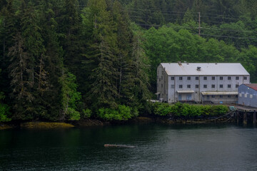 Old wooden Fishermen pier for fishing boats in Ketchikan, in Alaska	