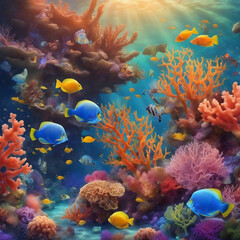 A colorful underwater scene teeming with vibrant coral reefs, exotic fish, and the play of light beneath the ocean's surface.