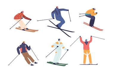 Fototapeta na wymiar Set Of Slalom Sportsmen Male And Female Characters Skillfully Skiing On Course In Pursuit Of Victory Vector Illustration