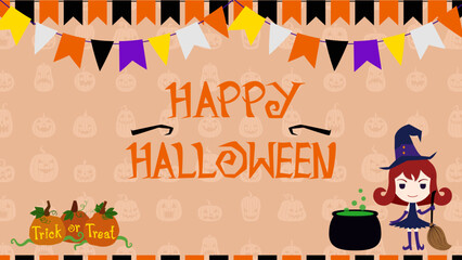 Trick or treat Halloween orange background with garland flag, pumpkin  lanterns and witch Vector illustration. holiday banner