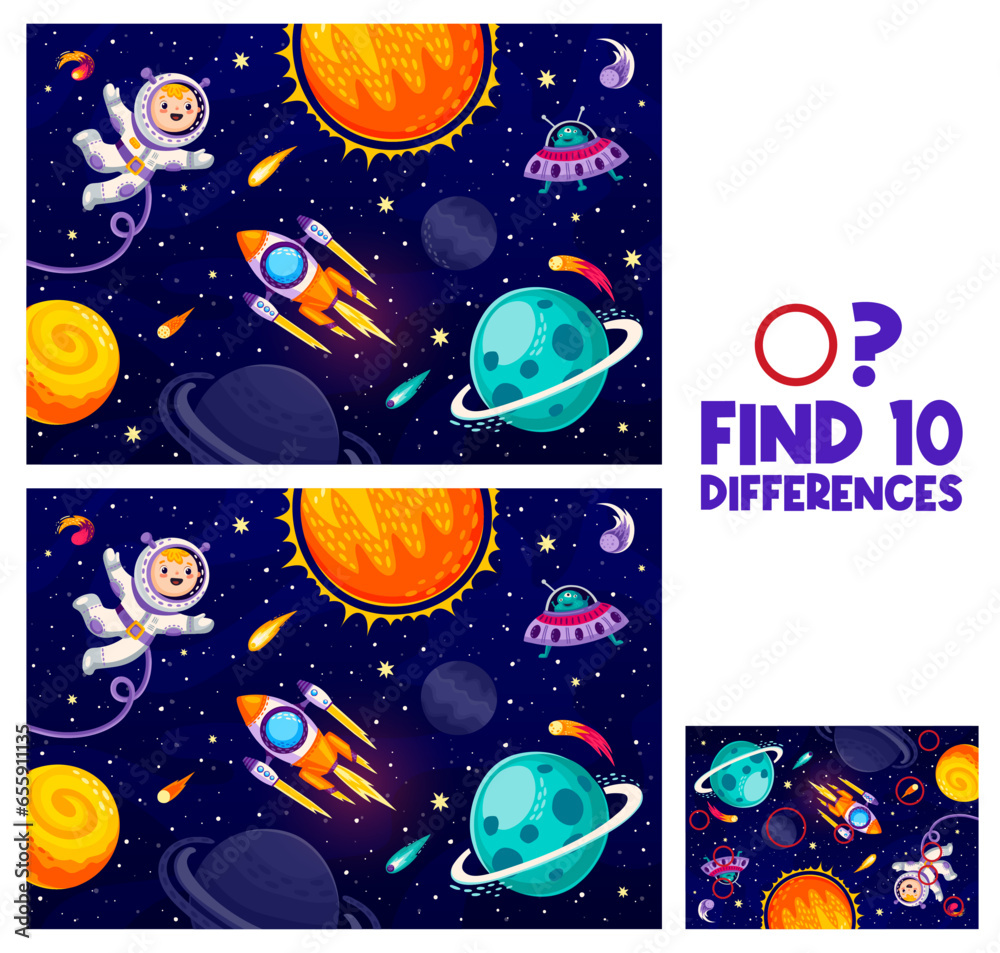 Poster find ten differences in solar system landscape with cartoon astronaut, alien and rocket, vector kids