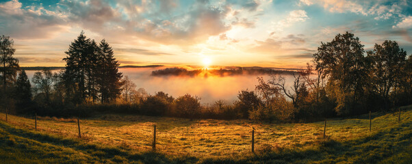 Magnificent sunrise over rural idyll. A colorful panorama with romantic, dramatic sky, sunlit fog in the valley and tree silhouettes - obrazy, fototapety, plakaty