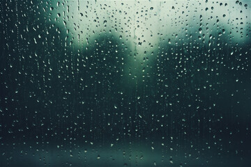 Obraz premium Rain drops on window with green trees in background