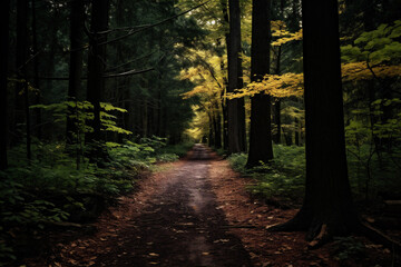 Obraz premium Mystic moody forest view with dark mysterious vibes. nature scenery of woods in autumn