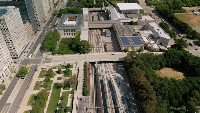 Aerial Drone View of Chicago and Union Train Station