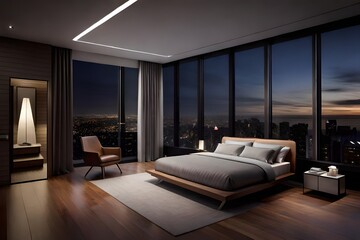 penthouse bedroom at night, dark gloomy, A room with a view of the city from the bed, - obrazy, fototapety, plakaty