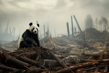 Foto op Plexiglas Heartbreaking Loss of Home. A Devastated Panda Amidst Deforestation, Surrounded by Smoke and Ashes, Illustrates the Tragic Consequences of Environmental Destruction. Environmental Tragedy © Mr. Bolota