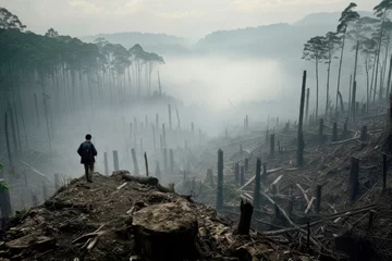 Foto op Canvas Forest Devastation and Environmental Crisis. A Local Resident in Shock as Smoke Hangs in the Air, Reflecting on the Environmental Impact of Commercial Activities © Mr. Bolota