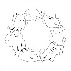 halloween ghosts frame black and white illustration