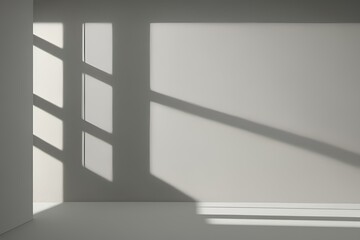 Minimal abstract light blue background for product presentation. Shadow and light from windows on plaster wall generate AI