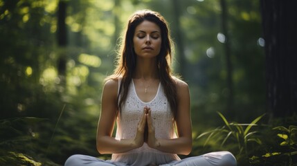 Forest Meditation Serenity. In the Heart of Nature, a Woman Practices Meditation, Yoga, and Focused Breathing, Finding Peace and Tranquility in the Forest's Embrace. Nature's Rejuvenation AI Generativ
