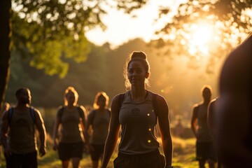 Group of people doing bootcamp or fitness outdoor in a park in the city. Sunlight. - obrazy, fototapety, plakaty