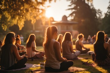 Group of females doing yoga in a park. Urban yoga, sunlight namaste. - obrazy, fototapety, plakaty