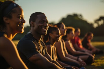 Group of people in a park. Fitness or yoga class. Work-out. Happy black male.