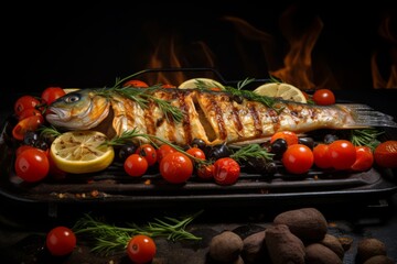 Gastronomic Pleasure of a Flavorful Spanish Pescado a la Plancha, Grilled to Perfection, showcasing Vibrant Colors and Aromatic Mediterranean Flavors in this Visually Appealing