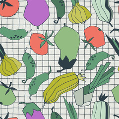 Seamless repeating pattern with vegetables and plaid. Stylized vector line art. Abstract colorful trendy illustrations on blue background. Healthy food, carbs, veganism concept