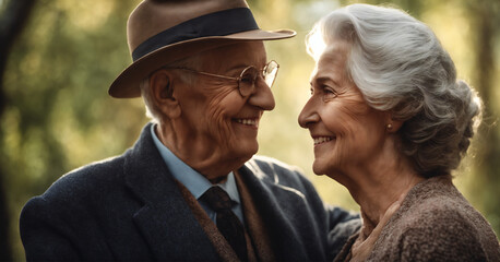 Elderly Senior couple embracing and smiling looking at the camera