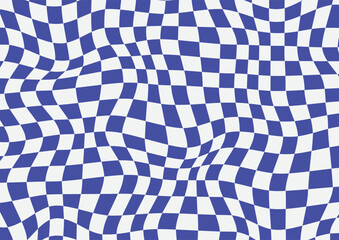 Distort chessboard abstract background.Twisted wavy purple and white texture wallpaper.Warped grid square vector illustration.