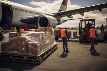 Humanitarian Heroes Unite. Workers Loading an Airplane with Supplies During a Crisis. Acts of...