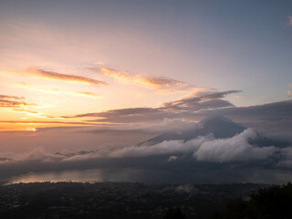 Sunrise over mount Agung and lake Batur