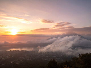 Sunrise over mount Agung and lake Batur, panoramic picture