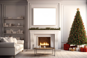 Christmas background of a bright living room. Stylish interior design. A fireplace with a Christmas tree and Christmas decorations, gifts. Modern poster mockup, space for text