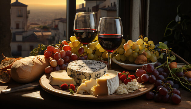 Still life of cheese, fruit, and red wine
