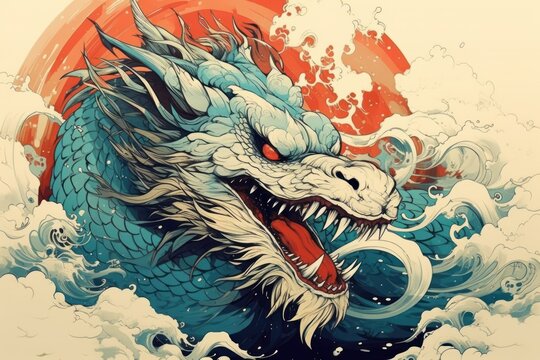 stylized illustration with head of powerful magic dragon close-up view, ai tools generate image