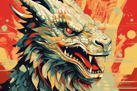 stylized illustration with head of powerful magic dragon close-up view, ai tools generate image
