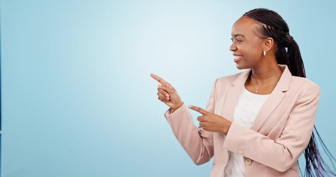 Corporate black woman, pointing at mockup and presentation, information or workshop on blue background. Portrait, seminar at marketing agency and announcement with business ideas and speech in studio