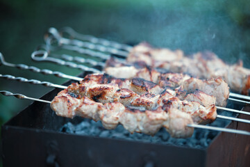 Lots of metal skewers with meat cooking on coals. Cooking pork barbecue.