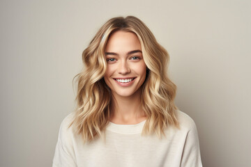 Obraz premium Generative AI illustration collage charming blonde woman smiling white teeth good mood isolated pastel color wall background