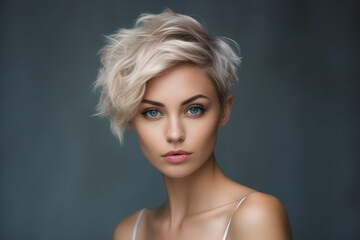 Fototapeta premium Generative AI picture of beautiful blonde woman fashion model after salon hairdresser procedure