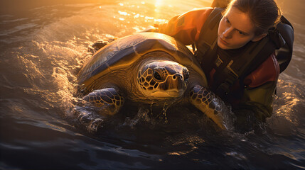 Sunlight dances on the surface of water as a rescuer releases a turtle back into its natural habitat after a successful rescue - obrazy, fototapety, plakaty