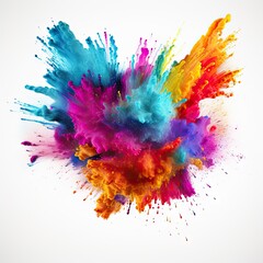 An explosion of colorful dust spreads in all directions on a white background. AI generated illustration.