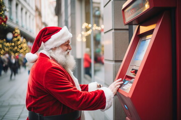 santa claus in front of bank atm - obrazy, fototapety, plakaty