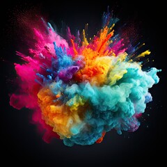 Obraz premium An explosion of colorful dust spreads in all directions on a black background. AI generated illustration.