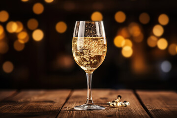 A Glass of champagne on wooden table
