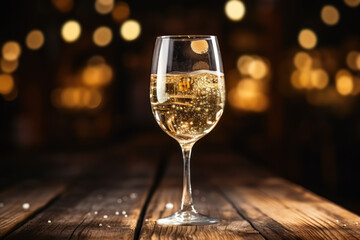 A Glass of champagne on wooden table