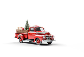 Holiday Red Truck carries a Christmas tree and gifts .on a white background. illustration for postcard or children's book. 