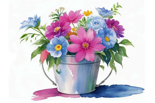 Meadow flowers in vintage pail. Watercolor illustration, Ai generated image.