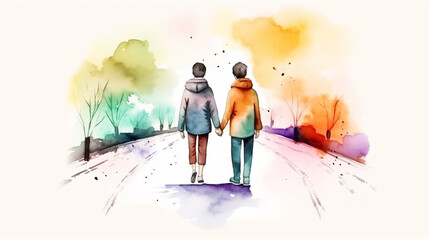 Fototapeta premium Gay and Lesbian Couple Family Queer Art - LGBT Inclusive Diverse Love Illustration of People Kiss and Hug in Romantic Cute Watercolor Drawing Children Book Digital Painting Full of Pride and Equality