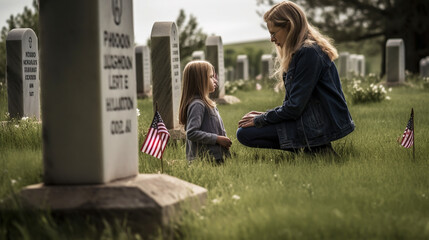 mother with kid in the cemetery near the grave - obrazy, fototapety, plakaty