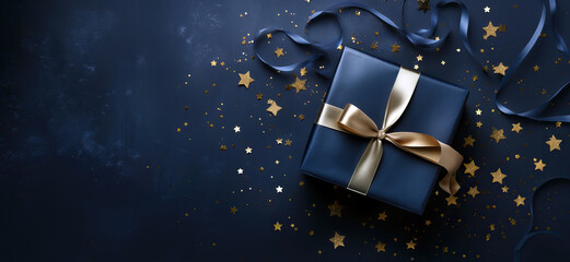 Dark blue gift box and Christmas decorations on dark background. Top view of greeting gift with copy space for Christmas present, holiday or birthday - 655926930